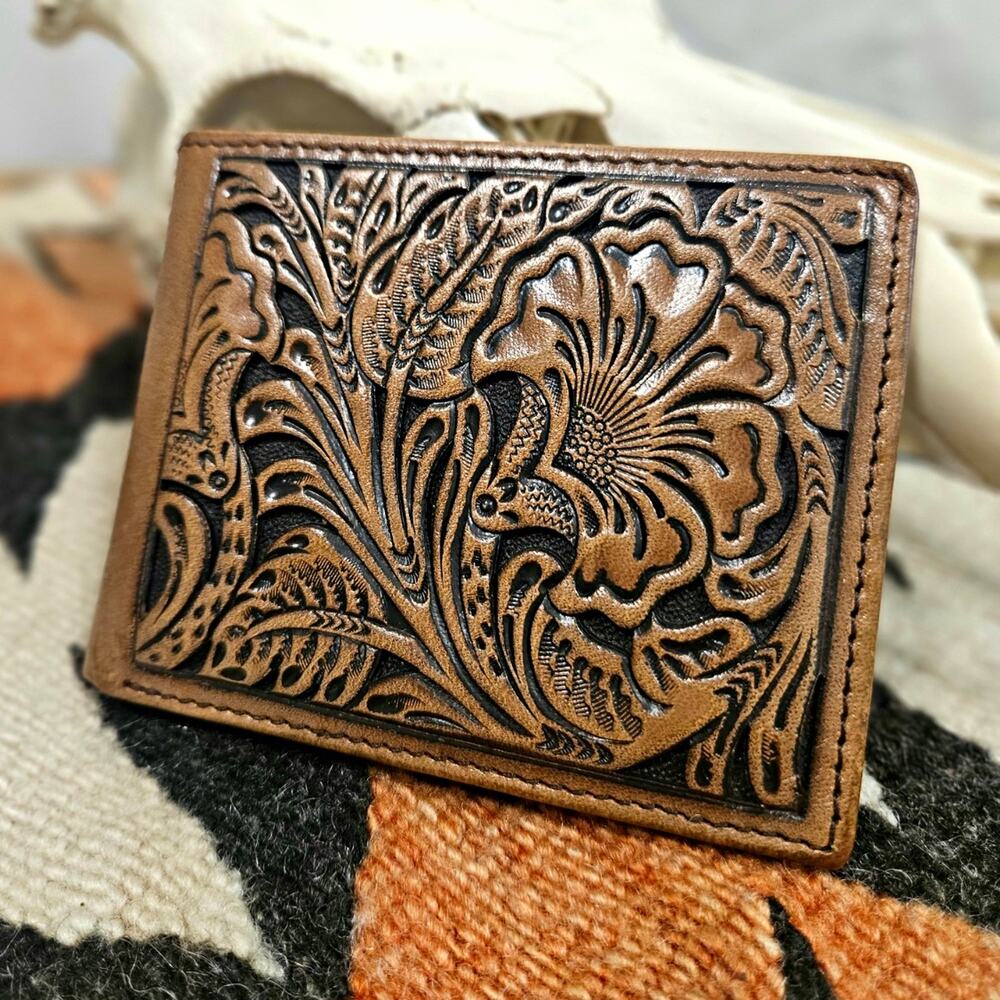 Ariat Mens Genuine Brown Leather Bifold Wallet Floral Tooled Western Cowpoke